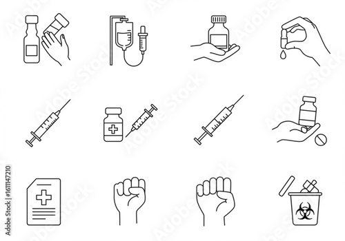 Collection of medical icons representing healthcare and treatment