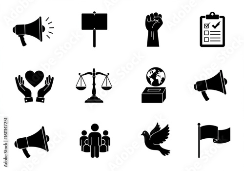 Collection of black and white icons representing social justice and activism