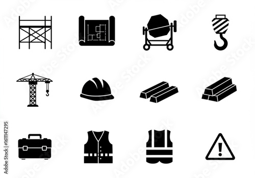 Collection of construction and safety icons on white background