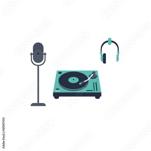 Professional Audio Equipment for Music Production and Sound Engineering, Featuring Turntable, Microphone, and Headphones DJ Setup
