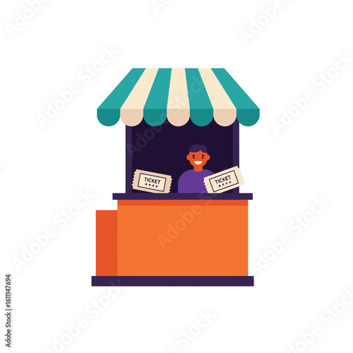 Smiling man in a colorful ticket booth ready to sell admission tickets for an exciting entertainment event or show