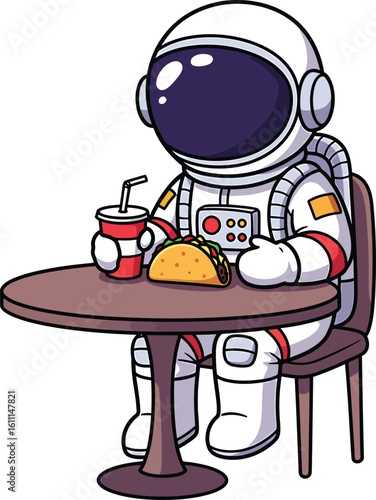 Astronaut enjoys a taco and drink at a round table vector illustration