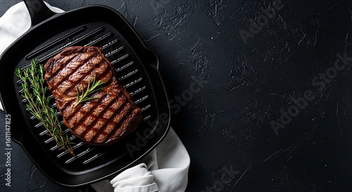 Juicy grilled steak with fresh rosemary in a cast iron pan