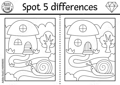 Find differences game for children. Dwarf educational activity with house shaped as mushroom, snail. Magic forest black and white puzzle for kids. Fairytale printable worksheet, coloring page
