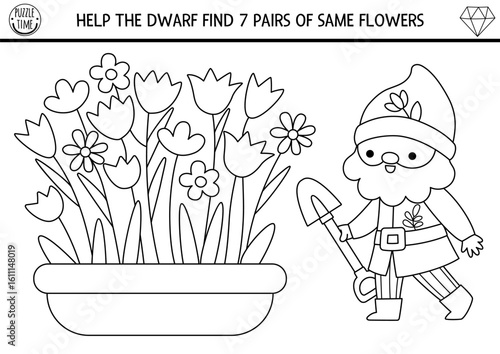 Find two same flowers. Fairytale black and white matching activity for children. Magic forest educational quiz worksheet for kids. Printable game, coloring page with garden gnome and flower bed