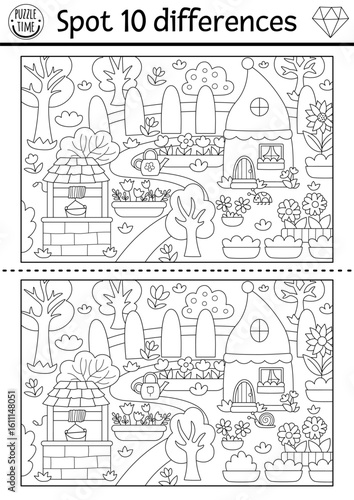 Find differences game for children. Dwarf black and white activity with cute garden gnomes. Magic forest puzzle for kids. Fairytale printable worksheet, coloring page with woodland scene