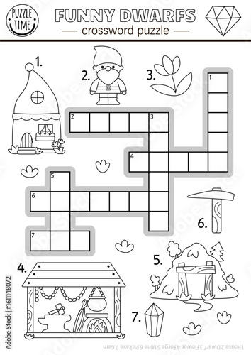 Vector dwarf crossword puzzle for kids. Black and white quiz with gnome, forest, mine, house, gems for children. Woodland educational cross word activity or coloring page with magic creature