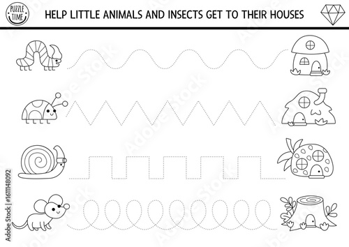 Vector black and white handwriting practice worksheet with woodland animals and insects going to houses. Printable activity for kids with homes. Fairyland fantasy tracing game, coloring page