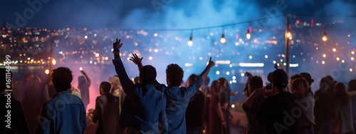 People in denim having fun at rooftop party overlooking Istanbul Bosphorus
