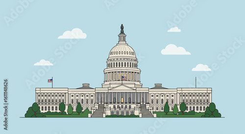 Vector American Capitol Building – Line and Flat Cartoon Illustration with Washington Background