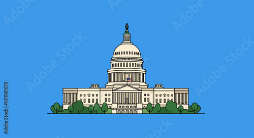 Vector American Capitol Building – Line and Flat Cartoon Illustration with Washington Background