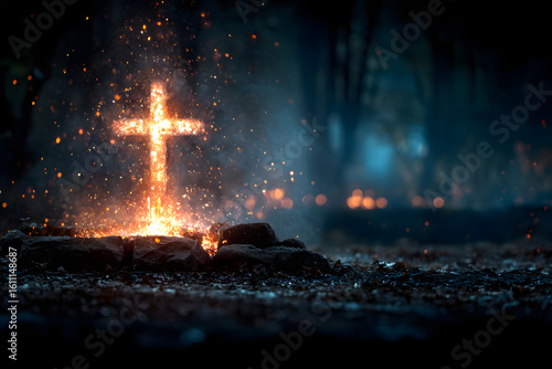 Christian cross burning in fire and smoke rising from dark ground