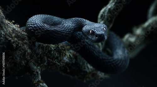 A coiled black mamba snake its sleek dark scales shimmering under the warm sun rests on a dry weathered tree branch in a natural arid environment