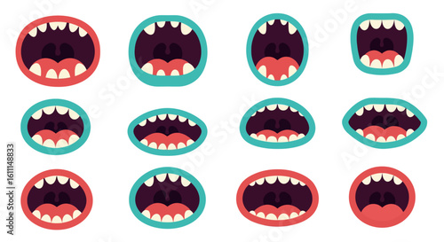 Vector Monster Mouths Open and Closed – Tongues and Teeth Cartoon Set Illustration