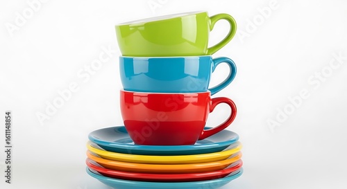 Stack of colorful ceramic coffee cups and saucers on a white background