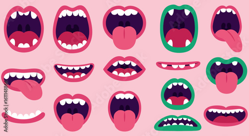 Vector Monster Mouths Open and Closed – Tongues and Teeth Cartoon Set Illustration