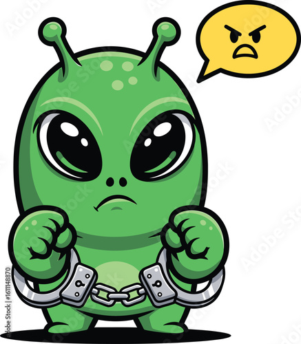 Angry cartoon alien in handcuffs vector illustration