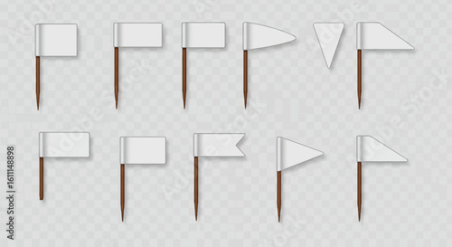 Vector Set of Realistic Toothpicks with White Flags – Rectangular and Triangular Flag PNG