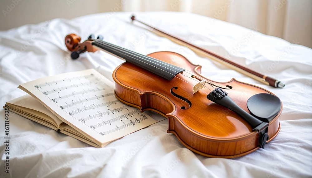 Fototapeta premium Violin with Bow and Sheet Music