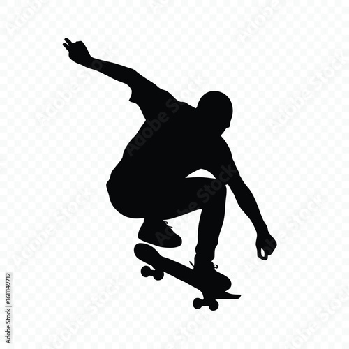 Silhouette of a Skateboarder Performing a Trick against a Transparent Background Creating a Dynamic Isolated Image