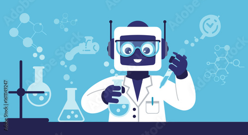 Vector Cartoon Robot Science Experiment – Fun Educational Technology Illustration