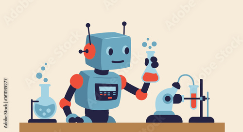 Vector Cartoon Robot Science Experiment – Fun Educational Technology Illustration