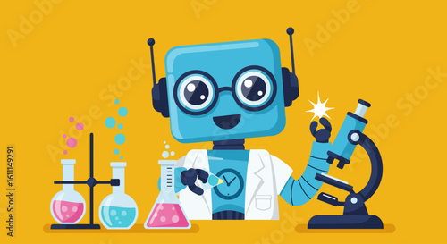 Vector Cartoon Robot Science Experiment – Fun Educational Technology Illustration