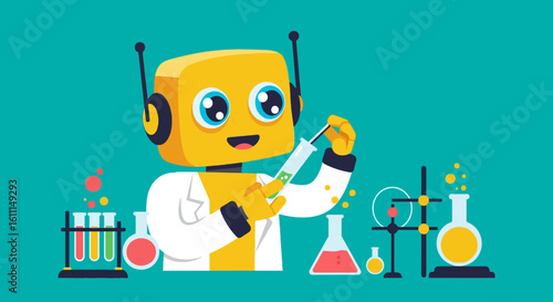 Vector Cartoon Robot Science Experiment – Fun Educational Technology Illustration