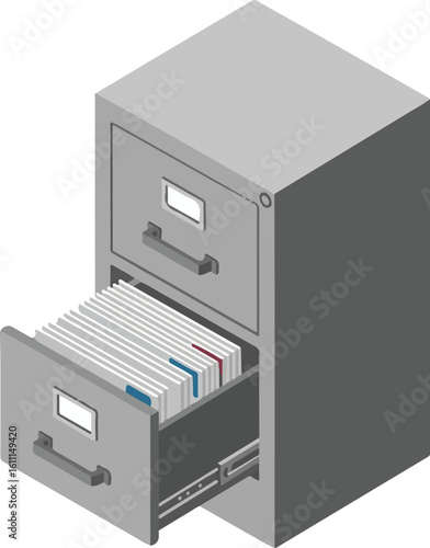 Isometric filing cabinet with open drawer revealing organized documents. Office storage and data organization concept vector.
