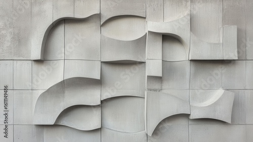 Abstract gray concrete wall, sculpted wave pattern.