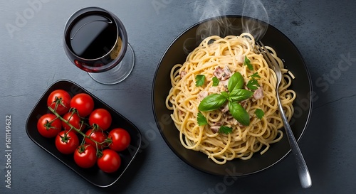 Delicious spaghetti with cherry tomatoes and red wine