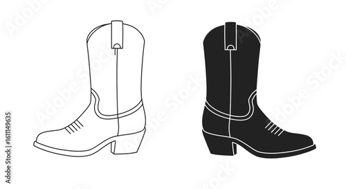 Vector Isolated Cowboy Cossack Boot Side View – Black and White Line Drawing