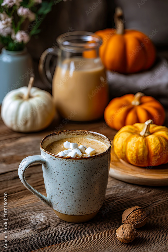 Fototapeta premium All table with pumpkins, focused on a ceramic mug with vanilla latte and marshmallows