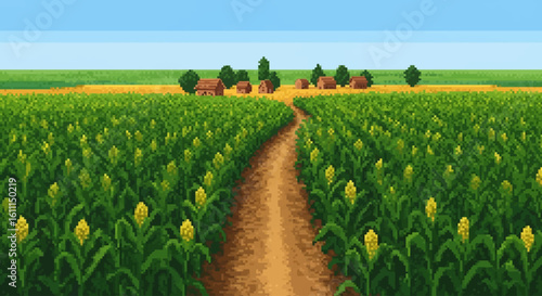 Vector Pixel Art Corn Farm Scene – Retro Agricultural Landscape Illustration