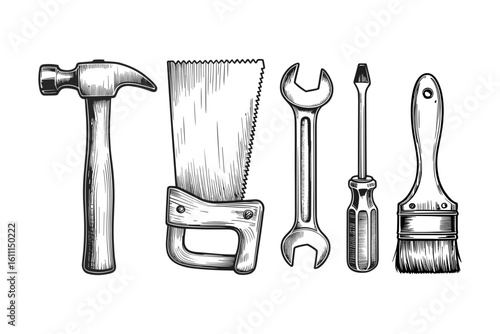Classic engraving style toolkit icon set, vintage hand tools vector illustration