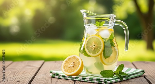 Refreshing pitcher of lemonade with lemon slices and mint on a wooden table outdoors