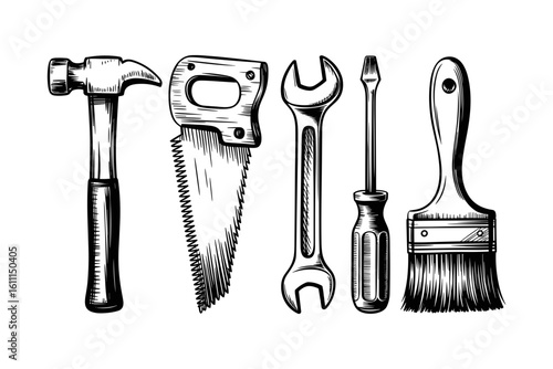 Handcrafted vintage carpenter tools, engraving style vector illustration in black line
