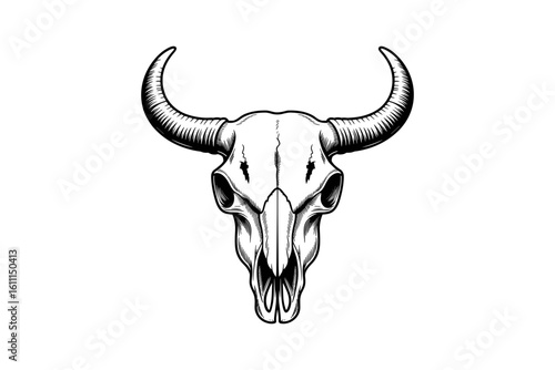 Longhorn cow skull with horns rustic western style vintage engraved black and white vector illustration