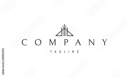 A vector logo featuring an abstract image a pyramid with vertical lines creating a sense of structure and depth.