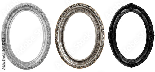 Elegant oval picture frames in silver, bronze, and black finishes showcase intricate designs, perfect for enhancing artwork or photographs. These frames add touch of sophistication to any decor