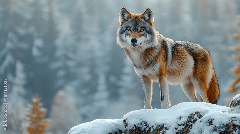 Naklejka premium Majestic wolf standing atop a snowy hill in a winter forest