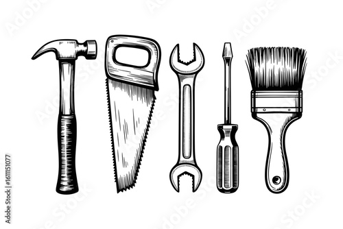Vintage hand tools engraved style vector illustration, hammer saw wrench screwdriver brush
