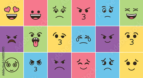 Collection of diverse facial expressions and emoticons for digital communication and psychological mood tracking applications