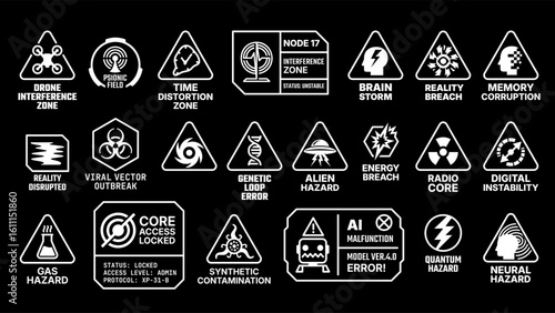 Set of sci-fi hazard warning signs and interface labels featuring AI, radiation, neural and viral threats, designed in brutalist cyberpunk aesthetic