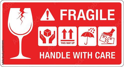 Fragile Packaging Label with Handle with Care Instructions and Shipping Safety Symbols on a Red Background