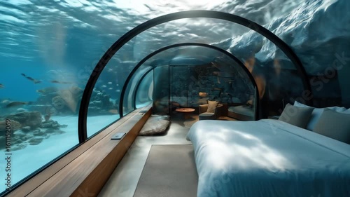 Underwater bedroom suite with a large curved window offering panoramic views of vibrant coral reefs and swimming fish, featuring a plush bed and seating area