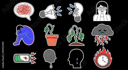 Collection of mental health and emotional burnout icons for psychological support resources and wellness awareness campaigns