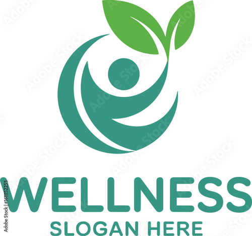 Creative wellness logo design featuring abstract human form and green leaves perfect for health services