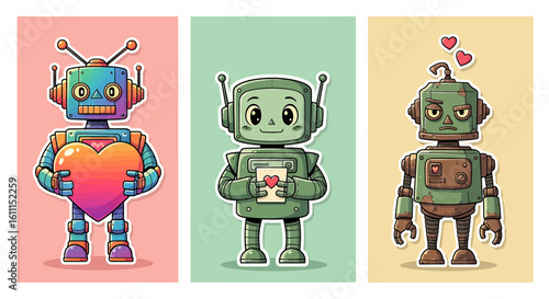 Three Cute Robots Displaying Emotions with Hearts for Valentines Day or Robotics Concepts