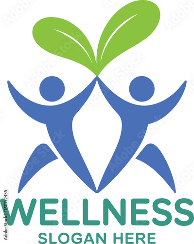 Conceptual wellness logo with human figures and leaves suggesting health, well being, and nature elements